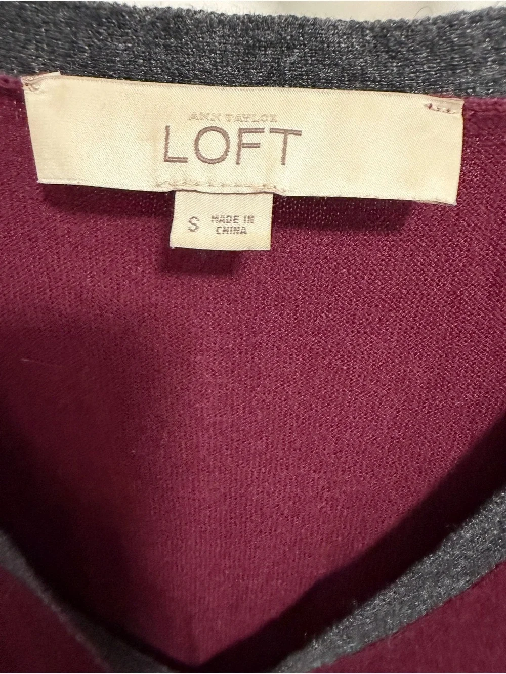 LOFT Deep Berry V-Neck Tie-Front Sweater with Gray Trim